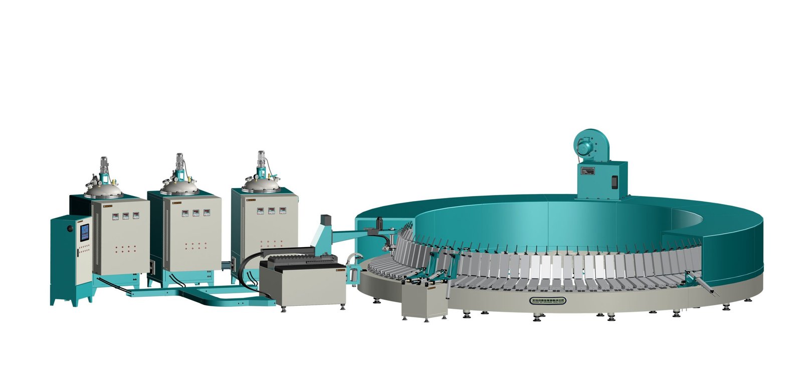 Polyurethane metering unit connected to a circular multi-station molding line