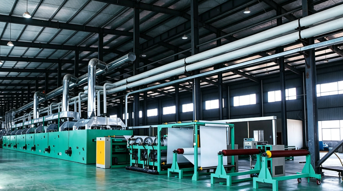 Continuous industrial web-processing line in a factory hall