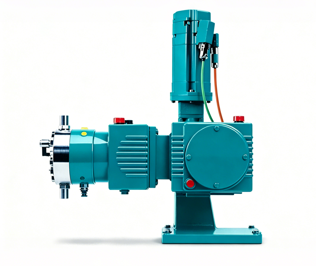 Motor-driven liquid metering pump mounted on a base
