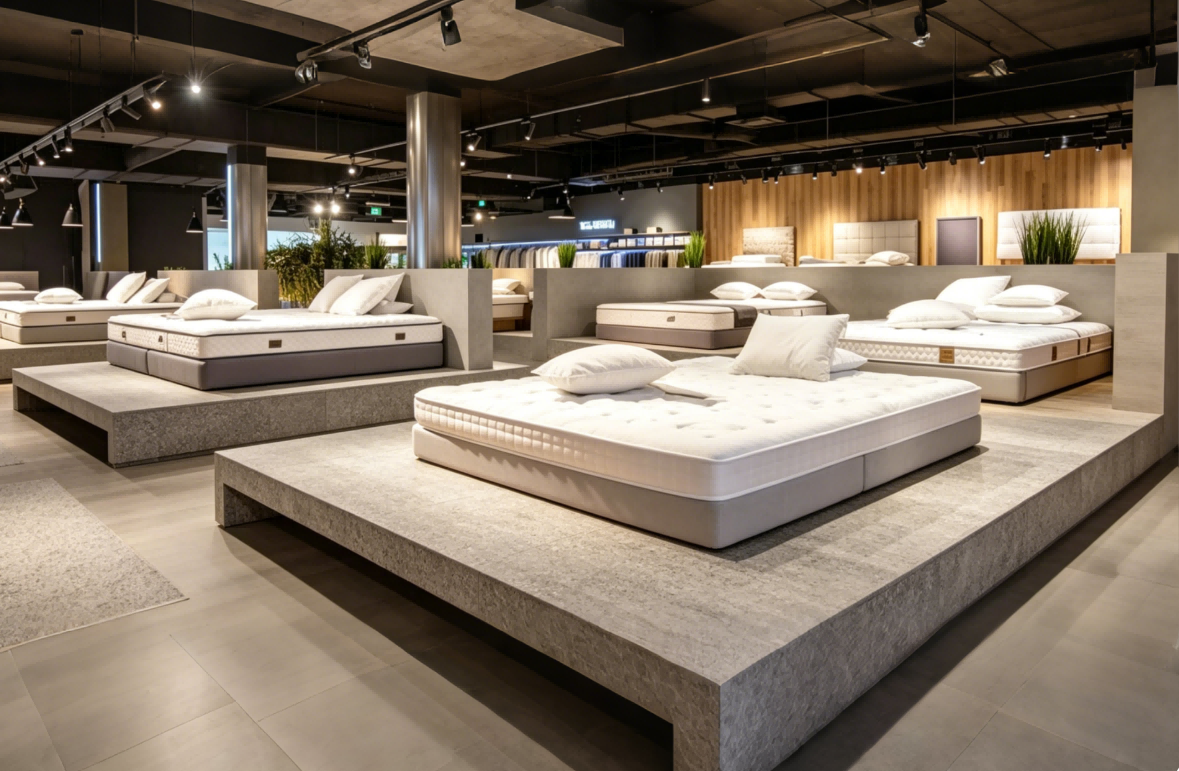 Mattress display in a furniture showroom