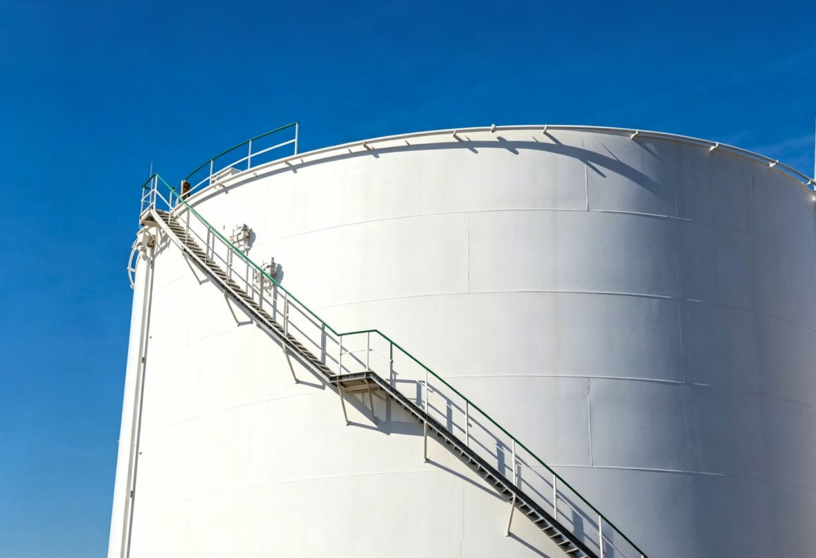 Large cylindrical storage tank with external stairs and an access platform