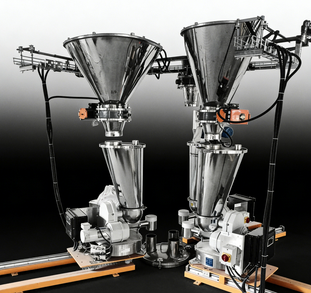 Twin-head dispensing assembly with material hoppers and delivery lines