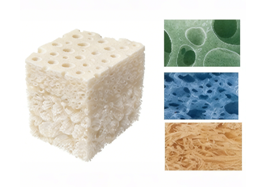 Cellular foam sample with inset views of different pore structures