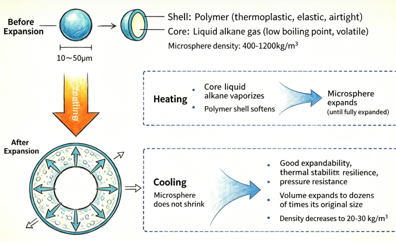 Diagram of thermally expandable microspheres before and after heating