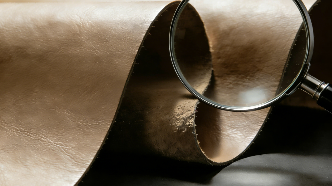 Magnifying glass over the texture of a brown flexible sheet