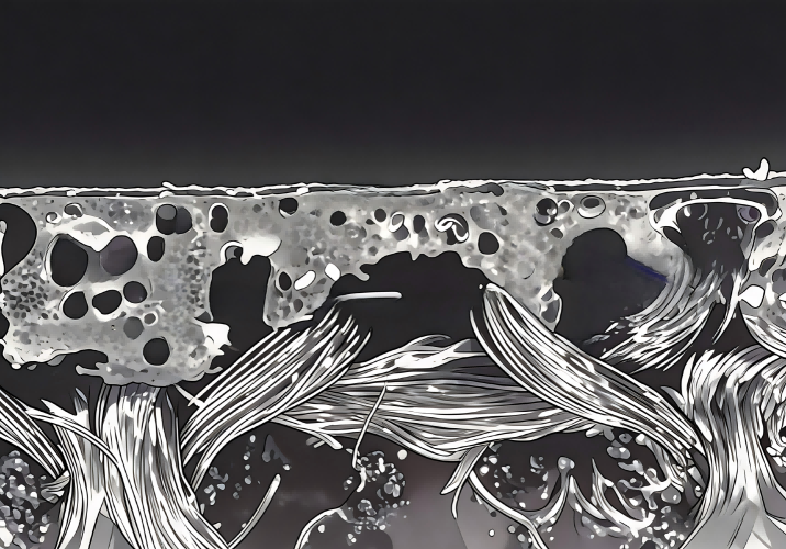Illustrated textile coating cross-section with pores and reinforcing fibers