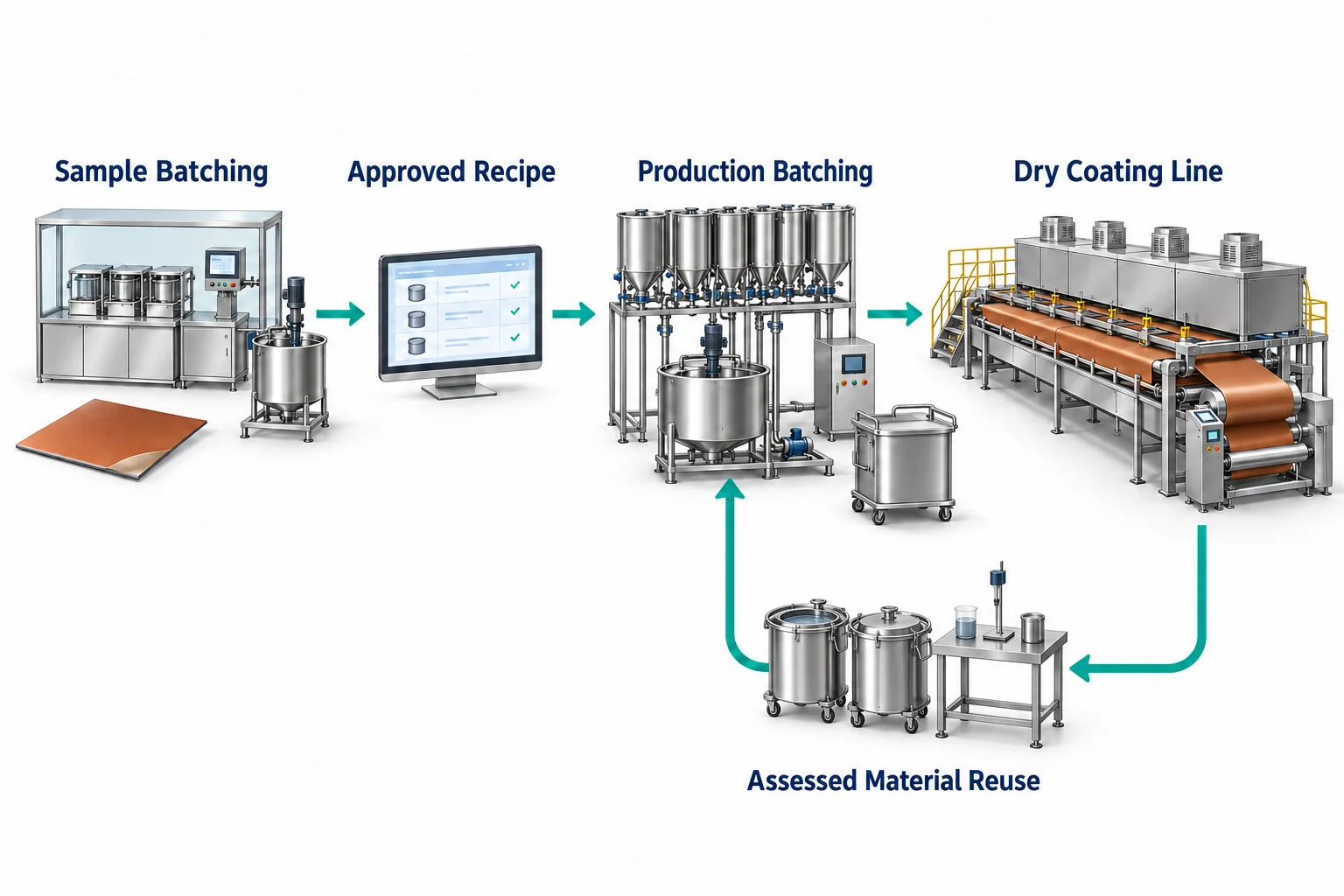 Concept illustration of sample approval, production batching, dry coating and assessed liquid-material reuse.