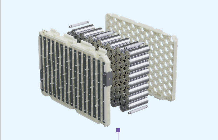 Exploded illustration of a cylindrical battery cell array with module frames and cell holders