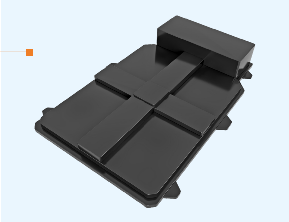 Illustration of a black battery pack top cover with reinforcing ribs and perimeter mounting features