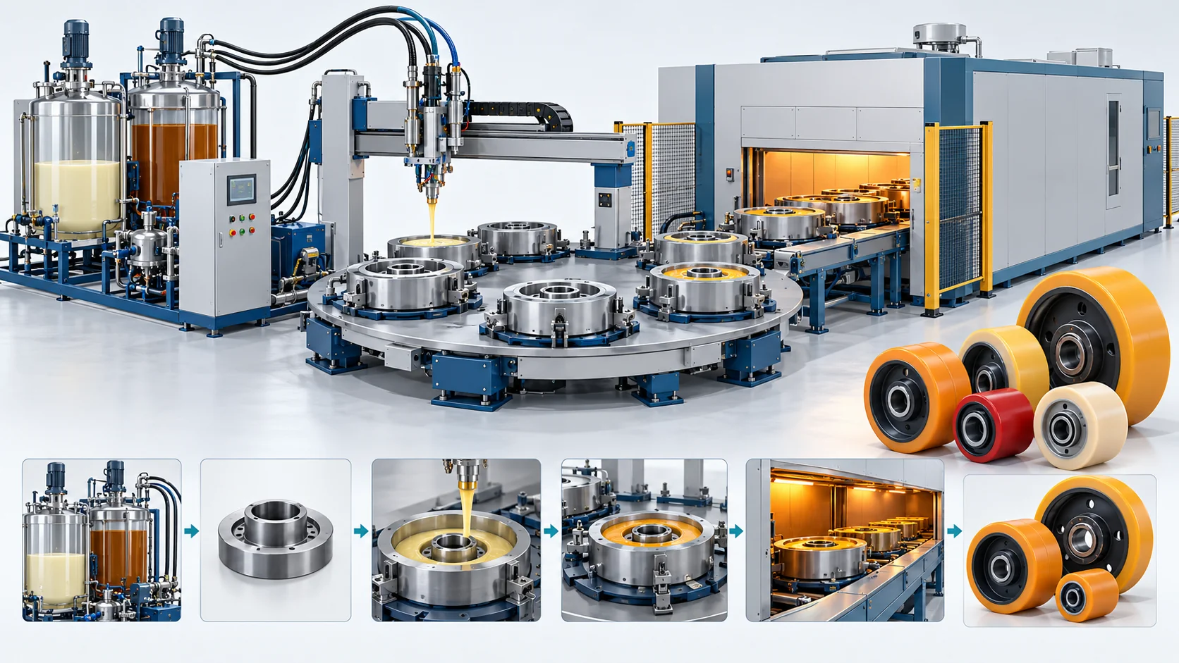 Concept illustration of automated PU wheel casting around metal hubs with indexed molds and curing