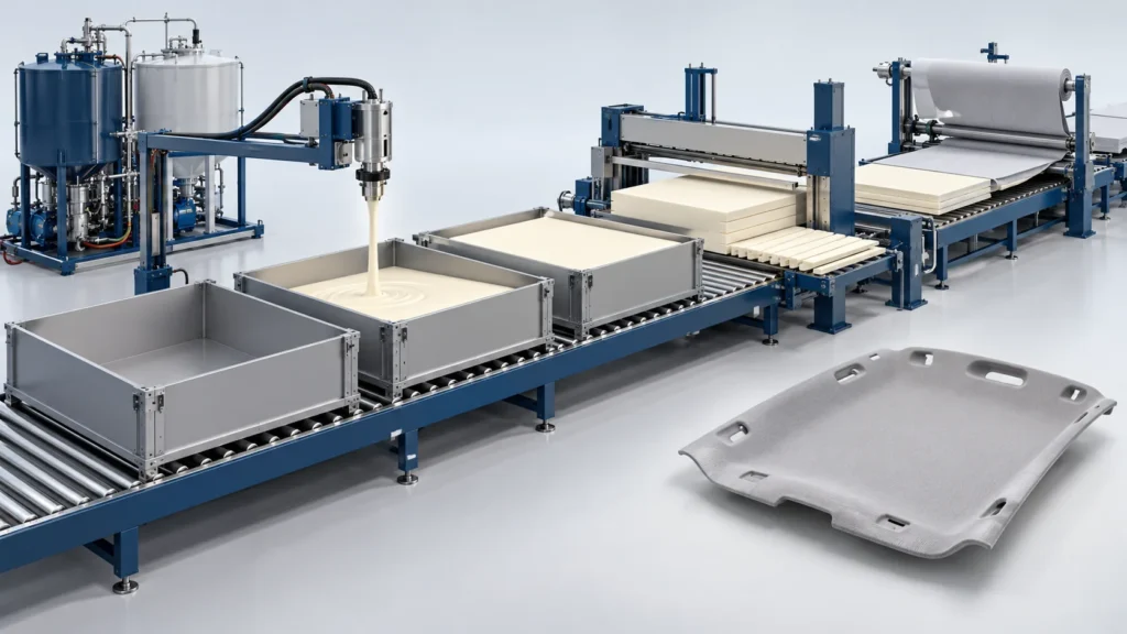 Concept of low-pressure box foaming, foam block slicing and textile lamination for automotive headliner blanks