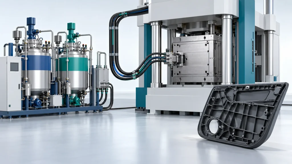 Concept of automotive door-panel RIM dosing into a closed mold with a ribbed substrate sample