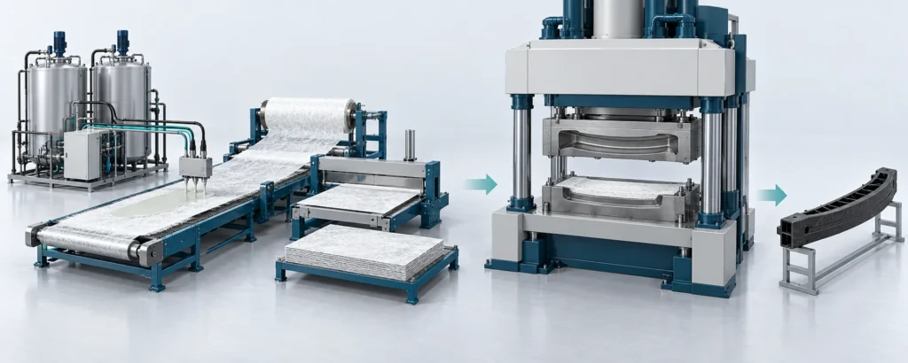 Concept of PU-SMC reinforced sheet preparation followed by compression molding of a composite bumper beam