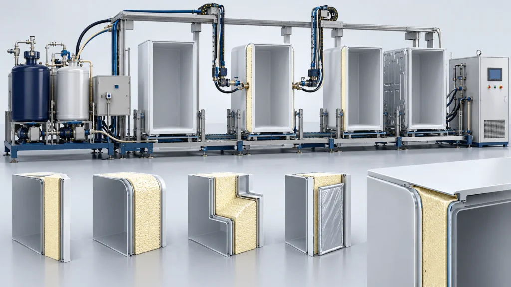Concept of adjustable commercial freezer foaming fixtures with coordinated wall injection and insulation sections