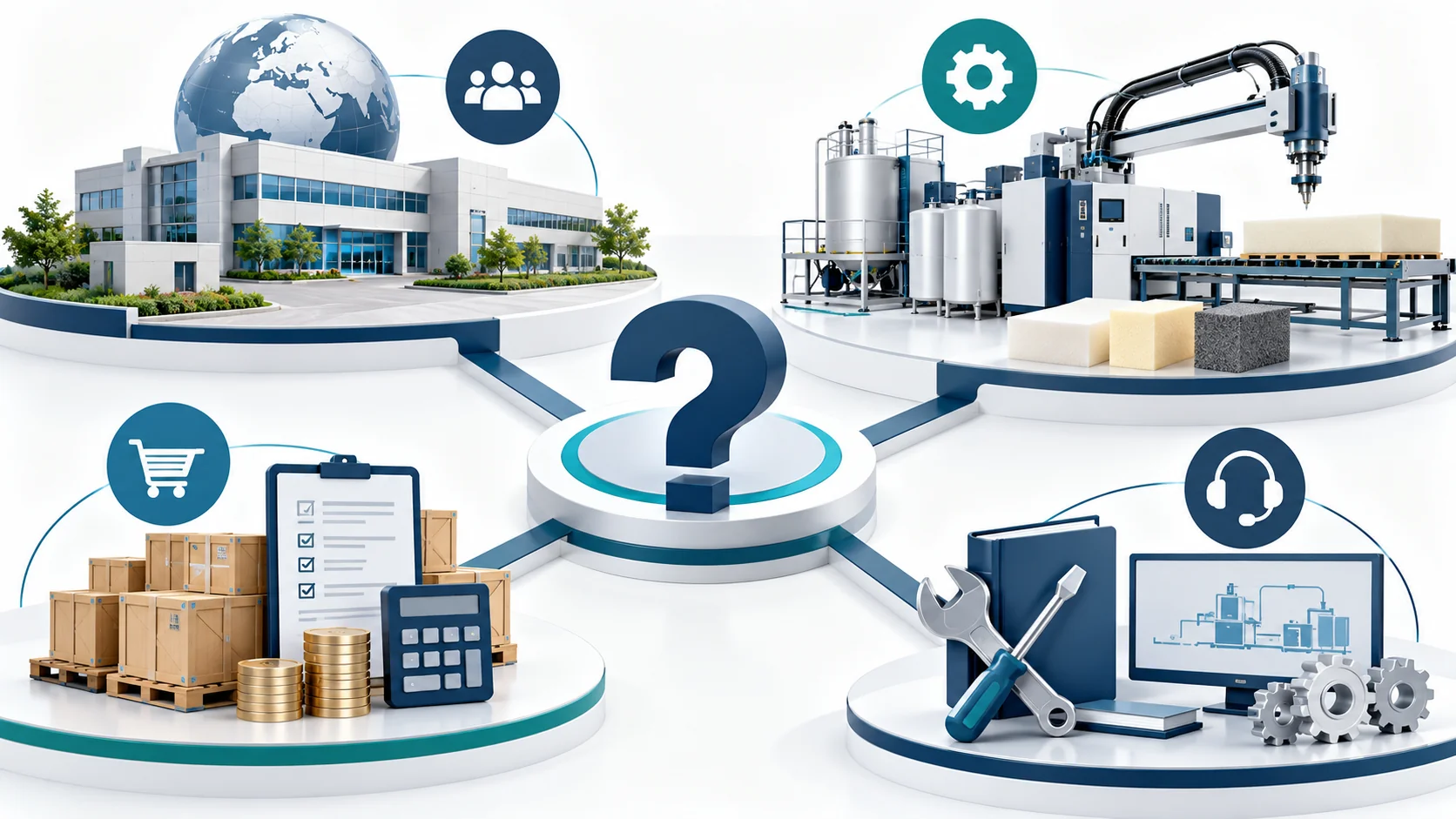 Concept of a polyurethane machinery FAQ covering company identity, equipment, procurement and support