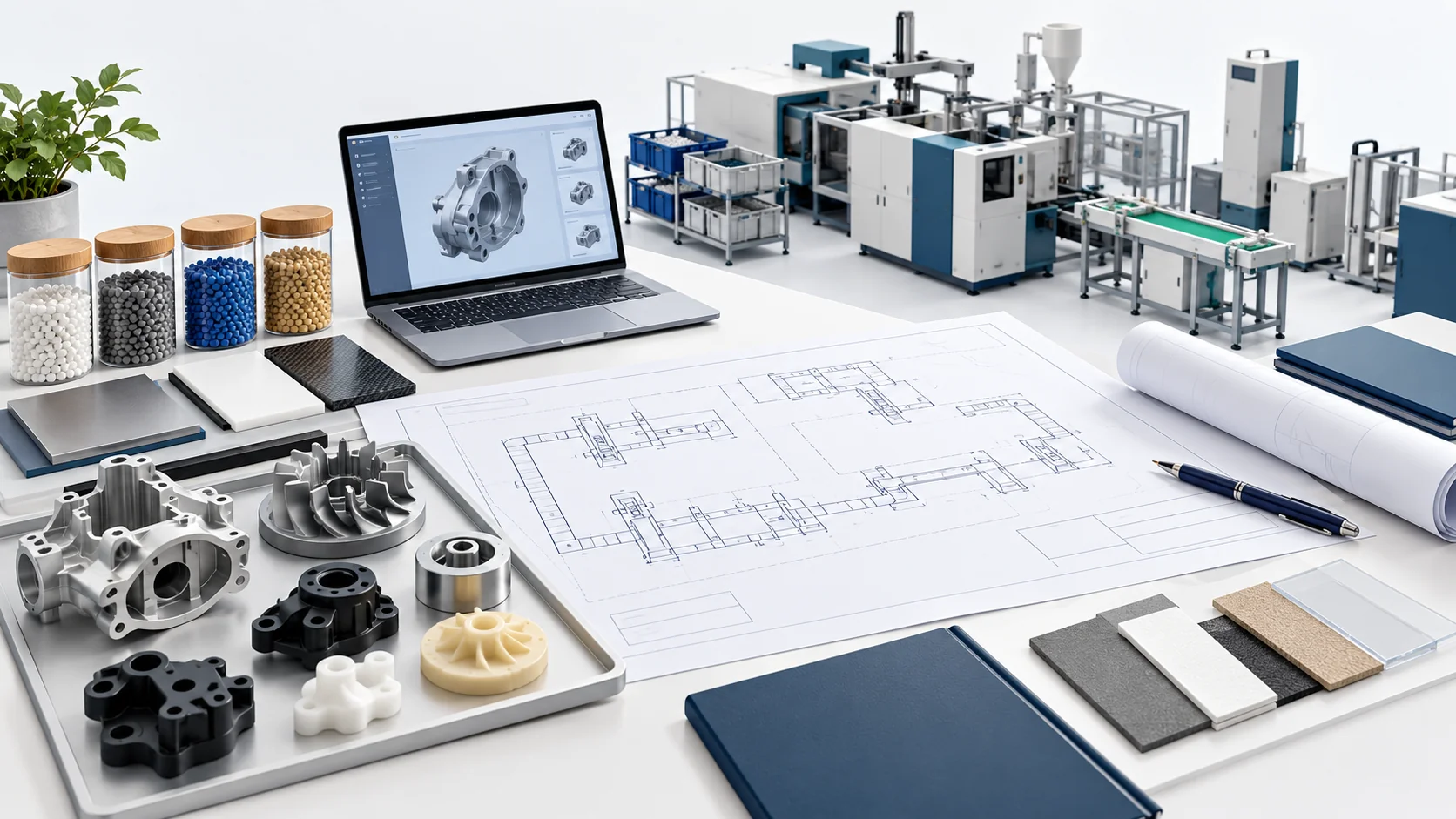 Concept of production-goal consultation with sample parts, materials and a proposed equipment layout