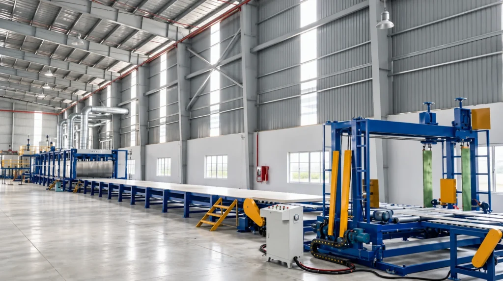 Continuous foam conveyor with an overhead cut-off and transfer station