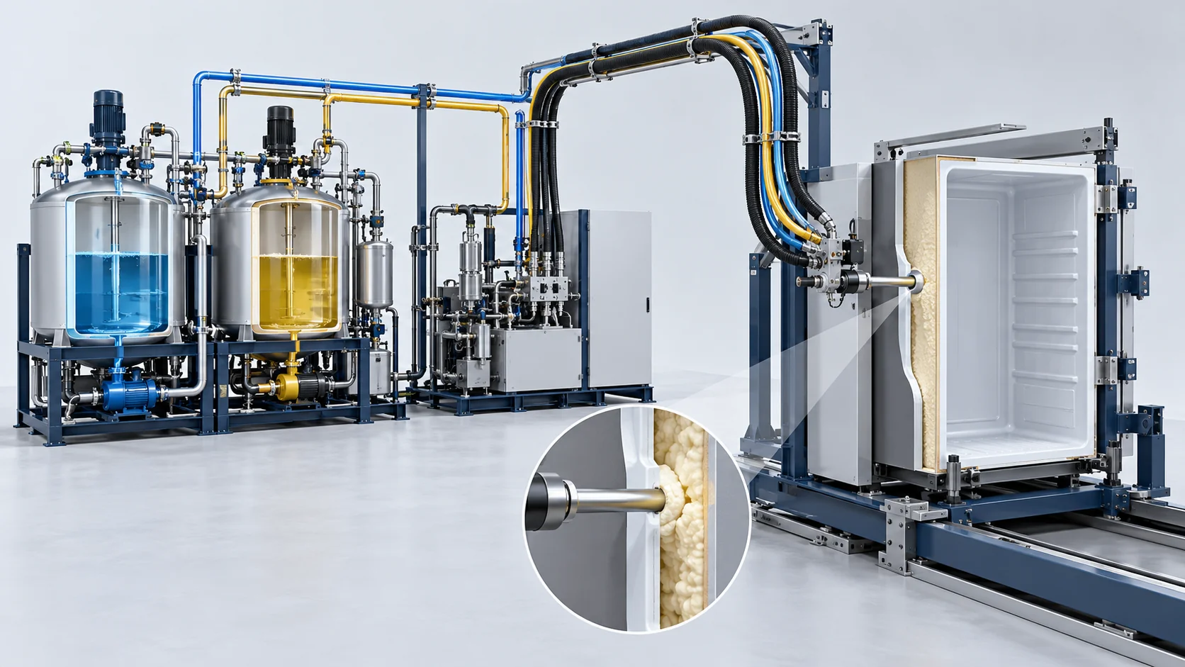 Concept illustration of a cyclopentane PU foaming unit injecting a refrigerator wall insulation cavity