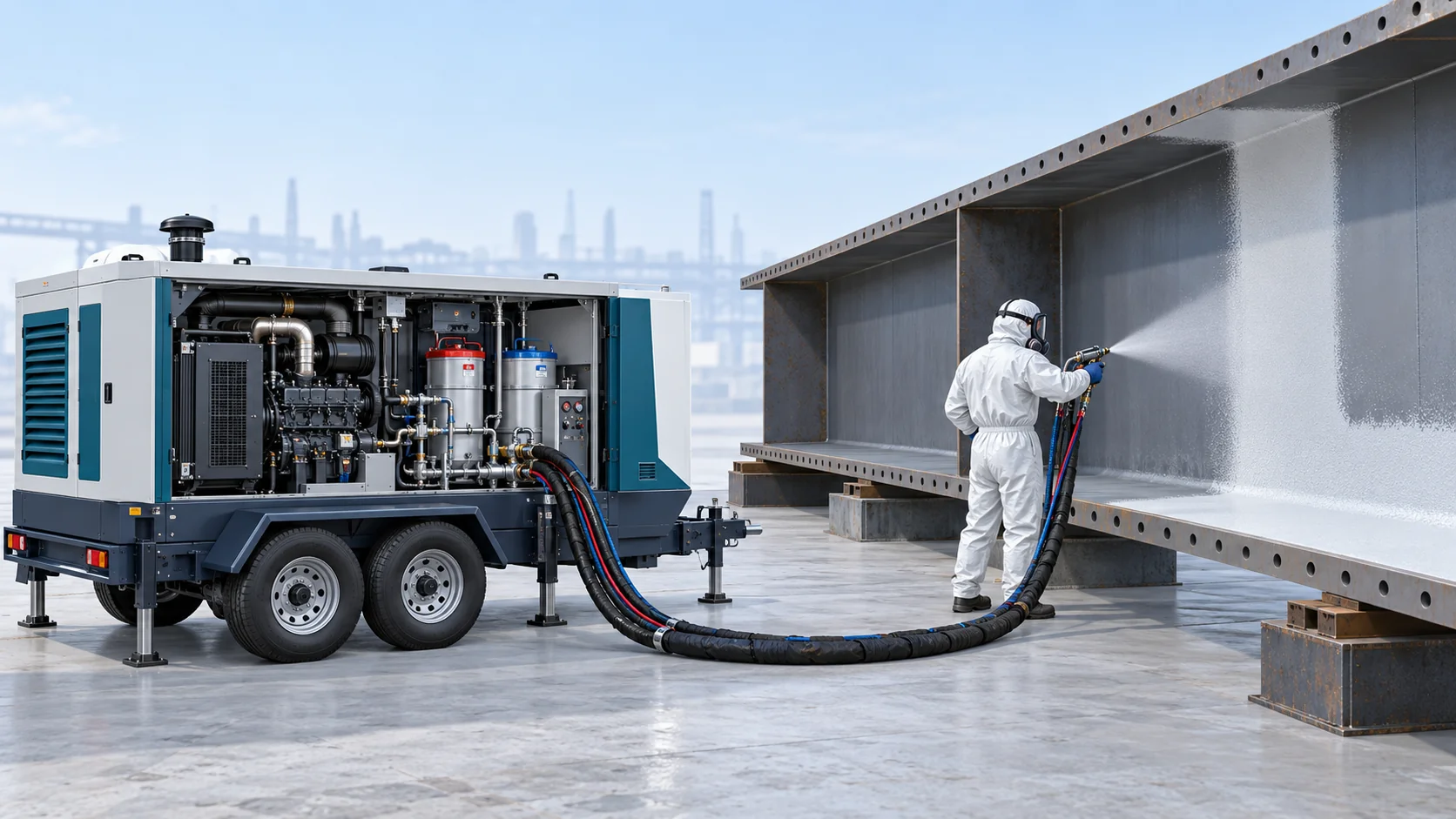 Concept illustration of mobile diesel-powered polyurea equipment for protective coating of a steel girder