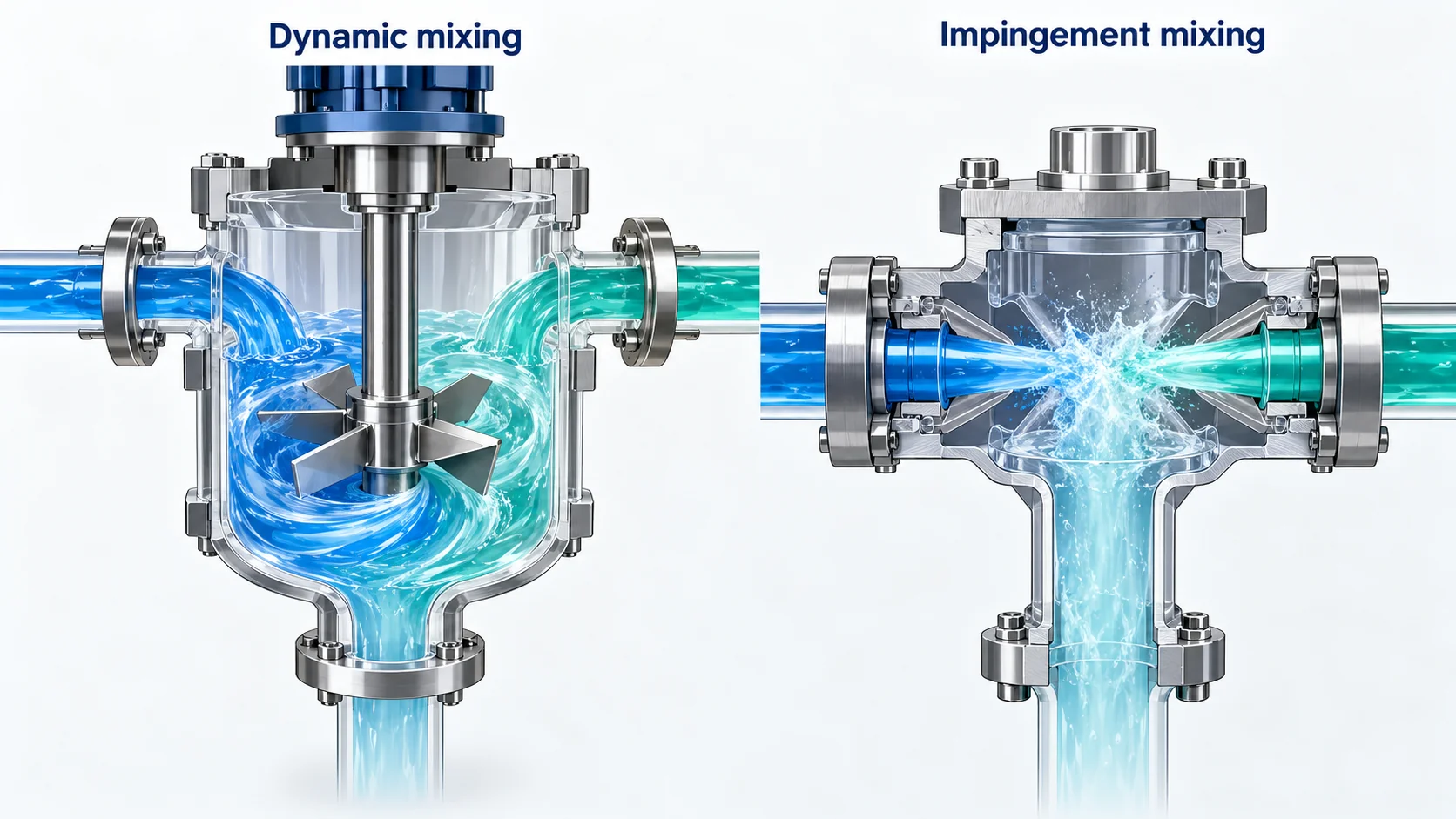 Concept illustration comparing rotor-driven dynamic mixing with opposed-jet impingement mixing