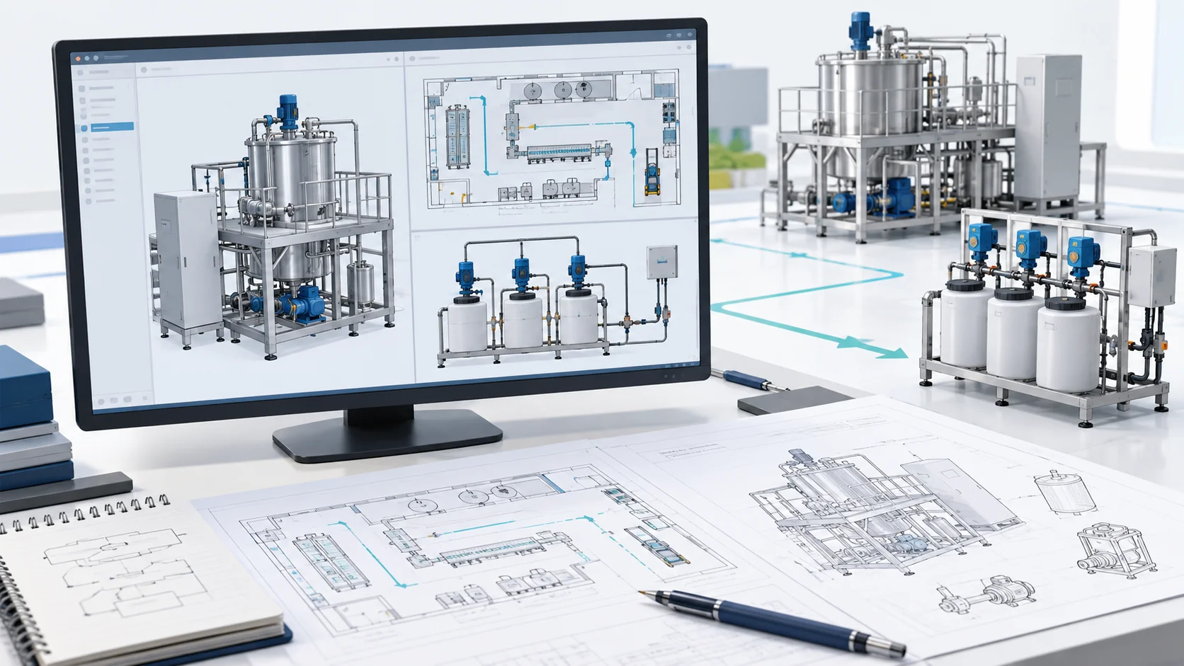 Concept of engineering design with CAD equipment models, a production layout and dosing-system drawings