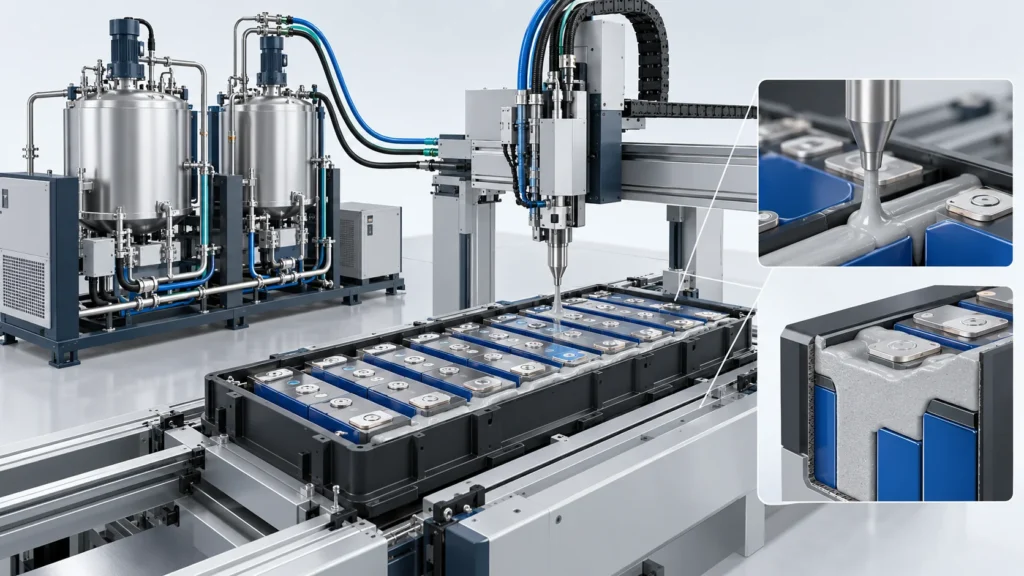 Concept of metered PU potting between battery cells with an insulating encapsulant cutaway