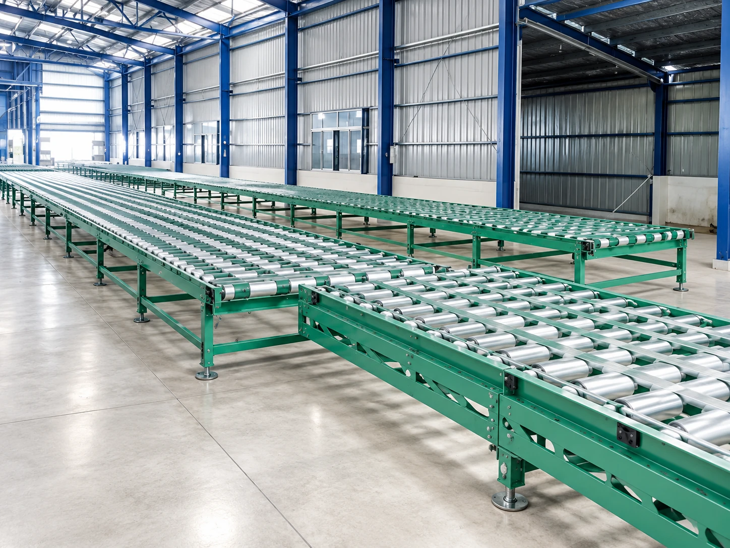 Fixed roller-conveyor storage lanes in a workshop