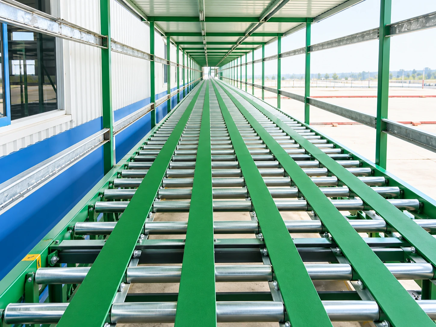 Long roller conveyor on a green movable transfer frame