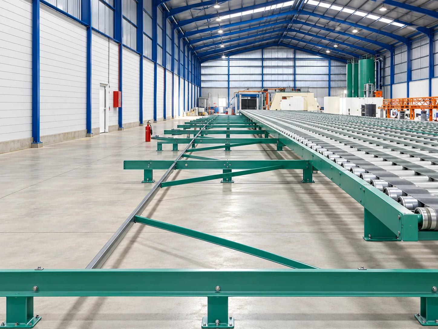 Parallel roller conveyors and transfer frame in a foam storage workshop