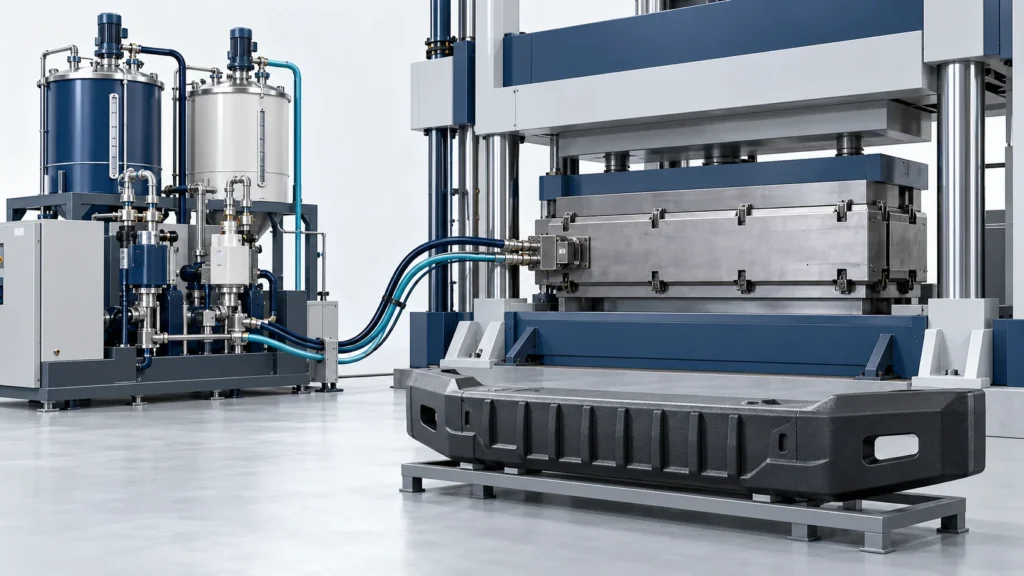 Concept of heavy-duty truck bumper RIM equipment with liquid metering, a closed mold and a ribbed bumper sample