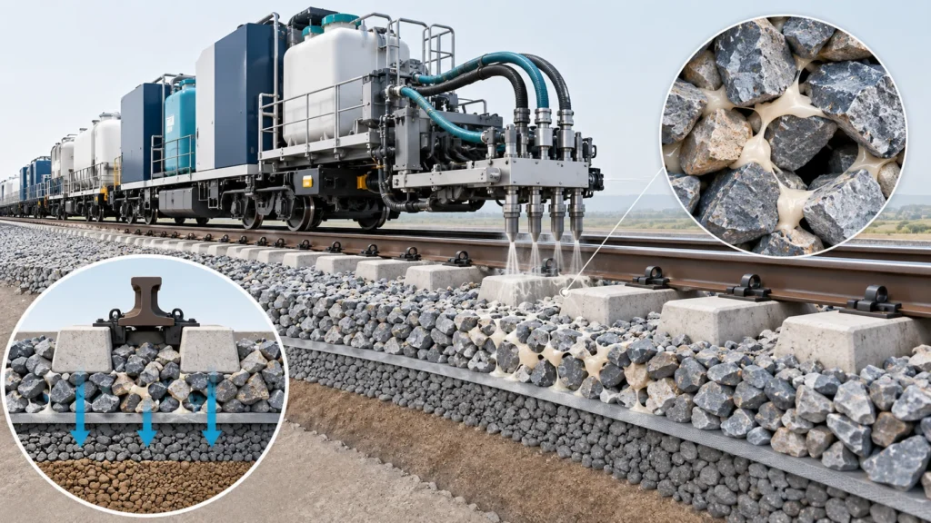 Concept of mobile PU ballast consolidation with local polymer bridges and retained drainage spaces