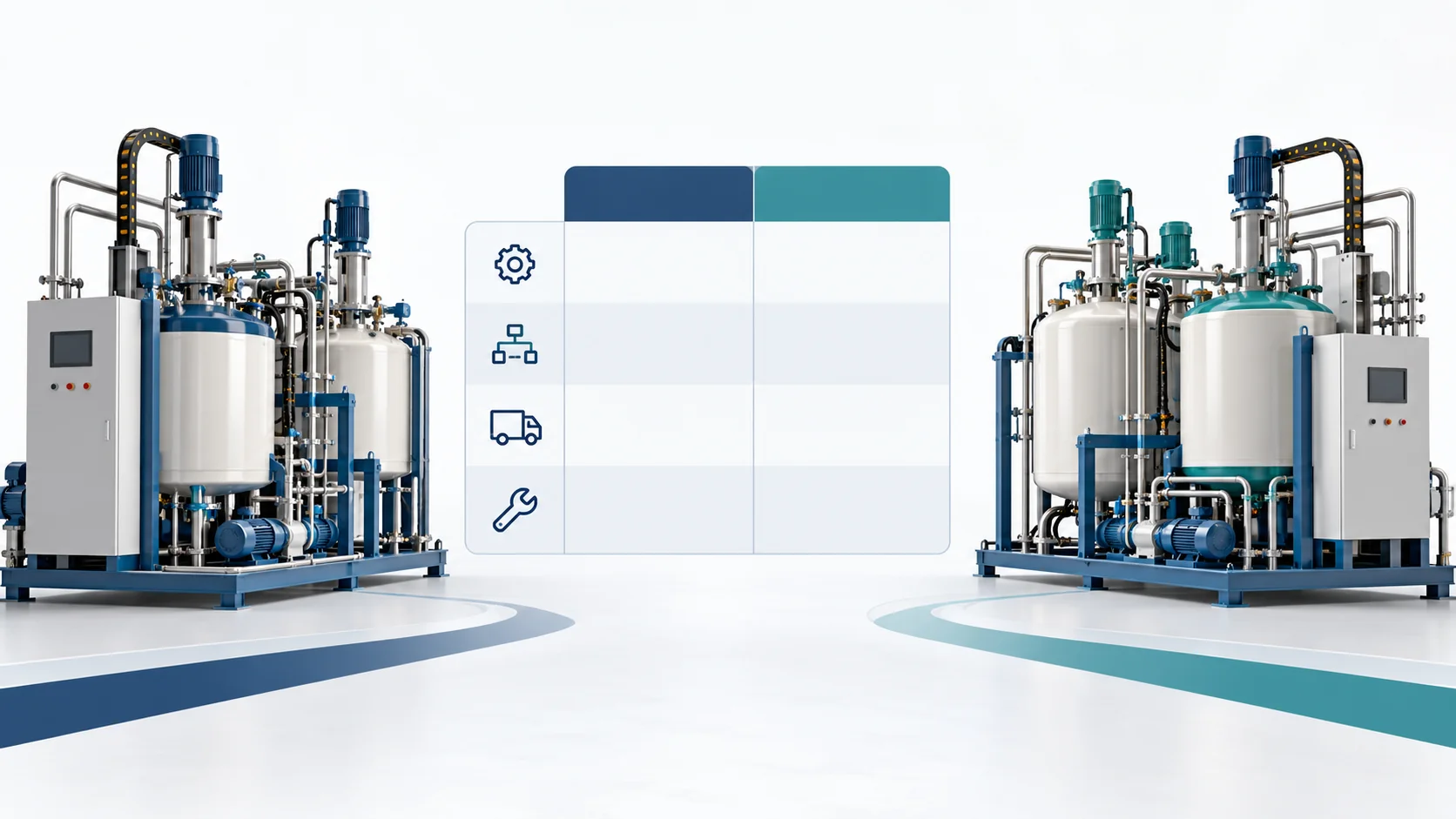 Concept of comparing polyurethane equipment suppliers using process fit, scope, delivery and service criteria