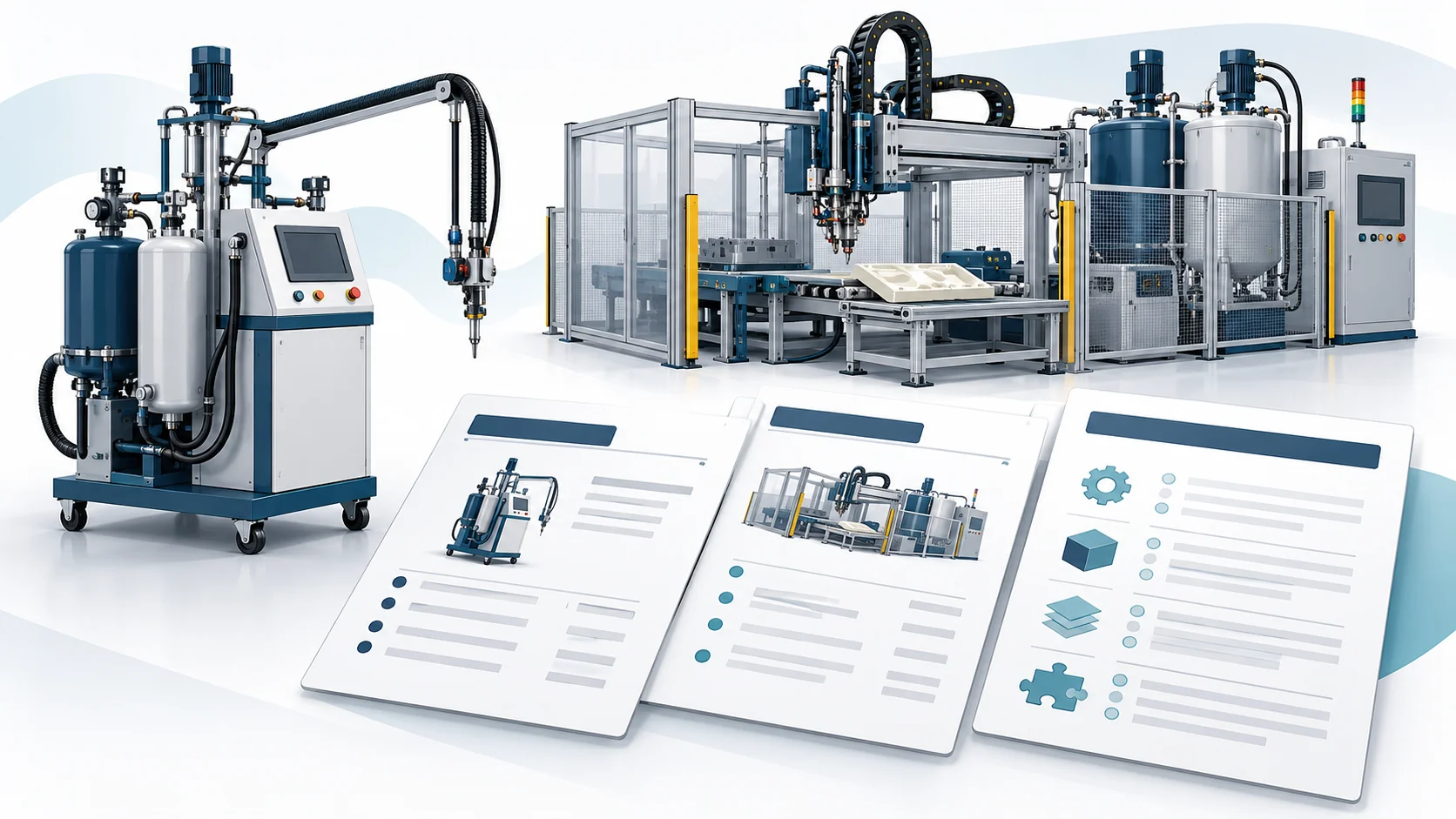 Concept of polyurethane equipment cost planning with a compact machine, automated cell and quotation-scope worksheets