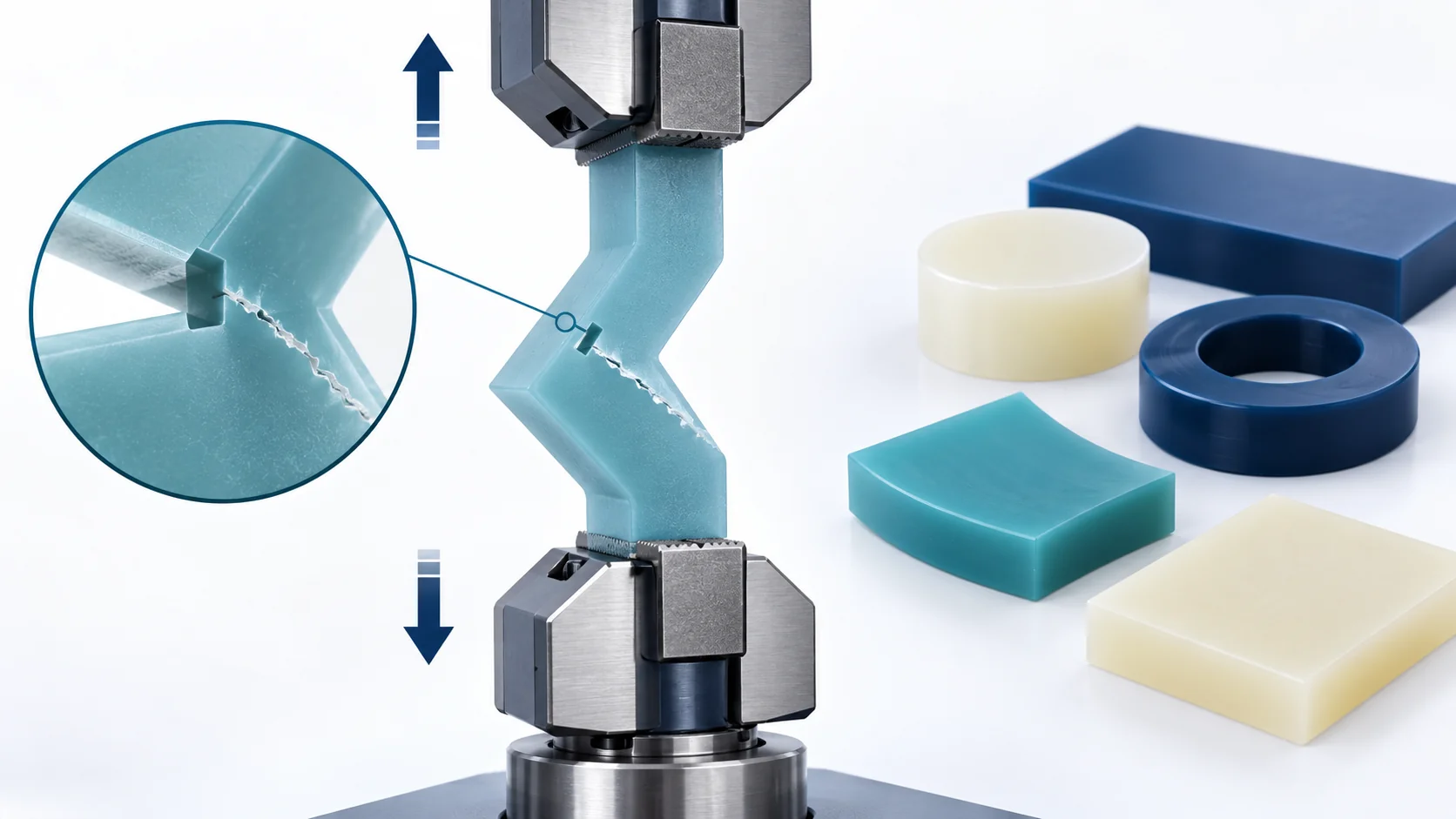 Concept of polyurethane tear testing with a notched angular elastomer specimen and opposing tensile grips