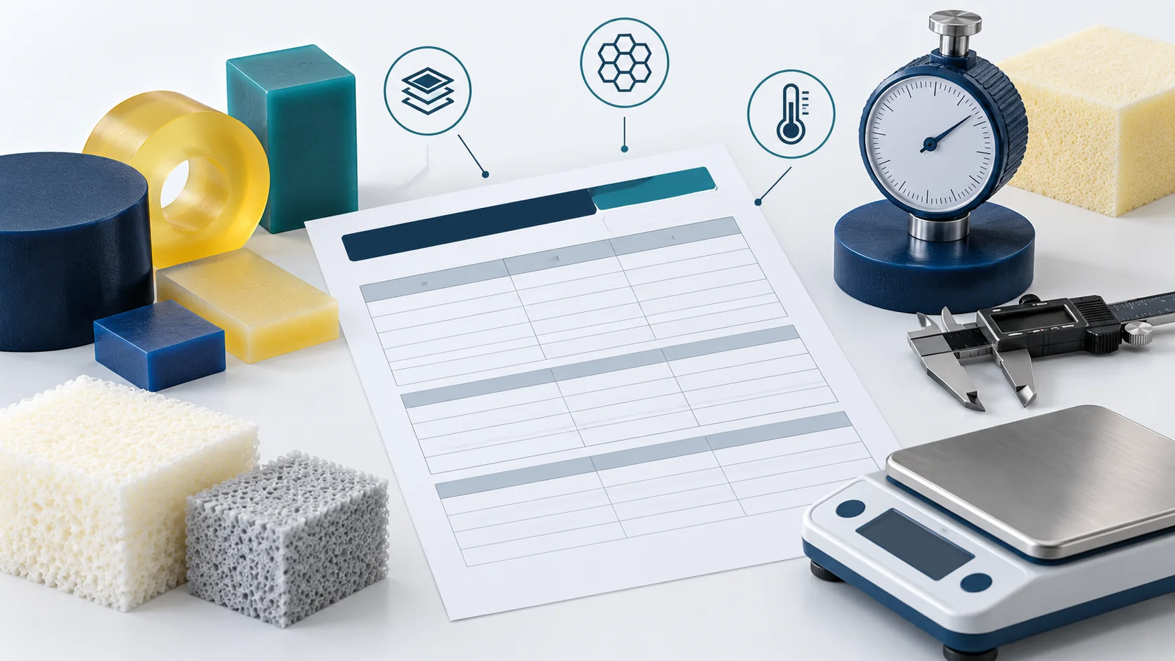 Concept of reading a polyurethane technical datasheet with material samples, a hardness gauge, balance and caliper