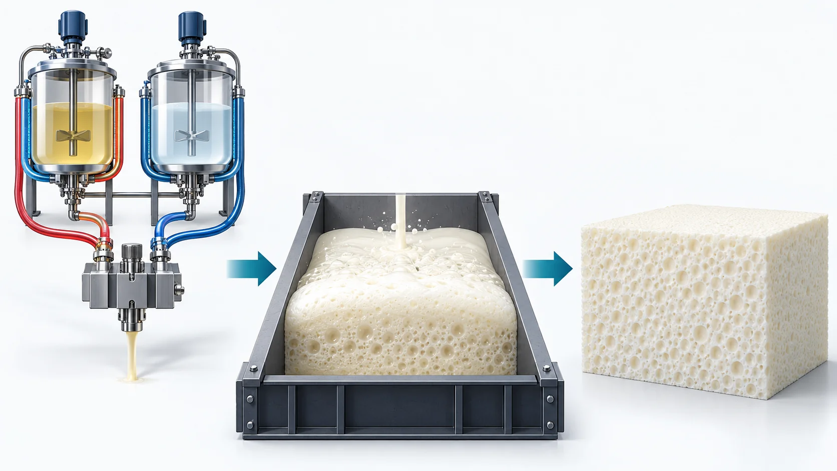 Concept illustration of mixing, bubble formation and rise in water-blown polyurethane foam