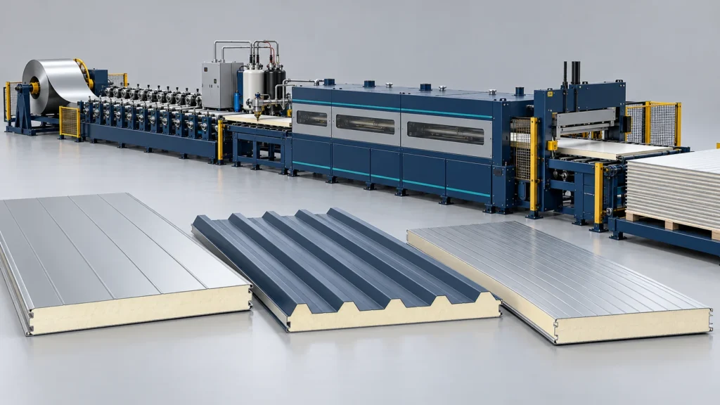 Concept illustration of industrial Plant PIR Sandwich Panel Line