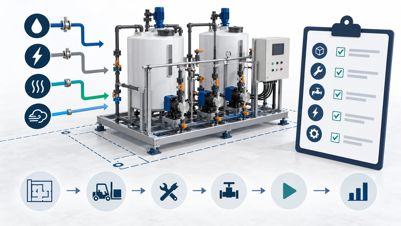 Concept of PU equipment installation planning with a dosing skid, utility connections and commissioning checklist