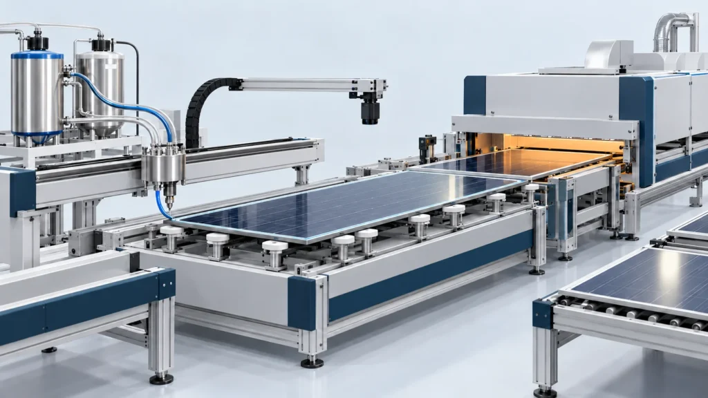 Concept of a thin solar module edge-dispensing cell with perimeter dosing, vision alignment and controlled handling