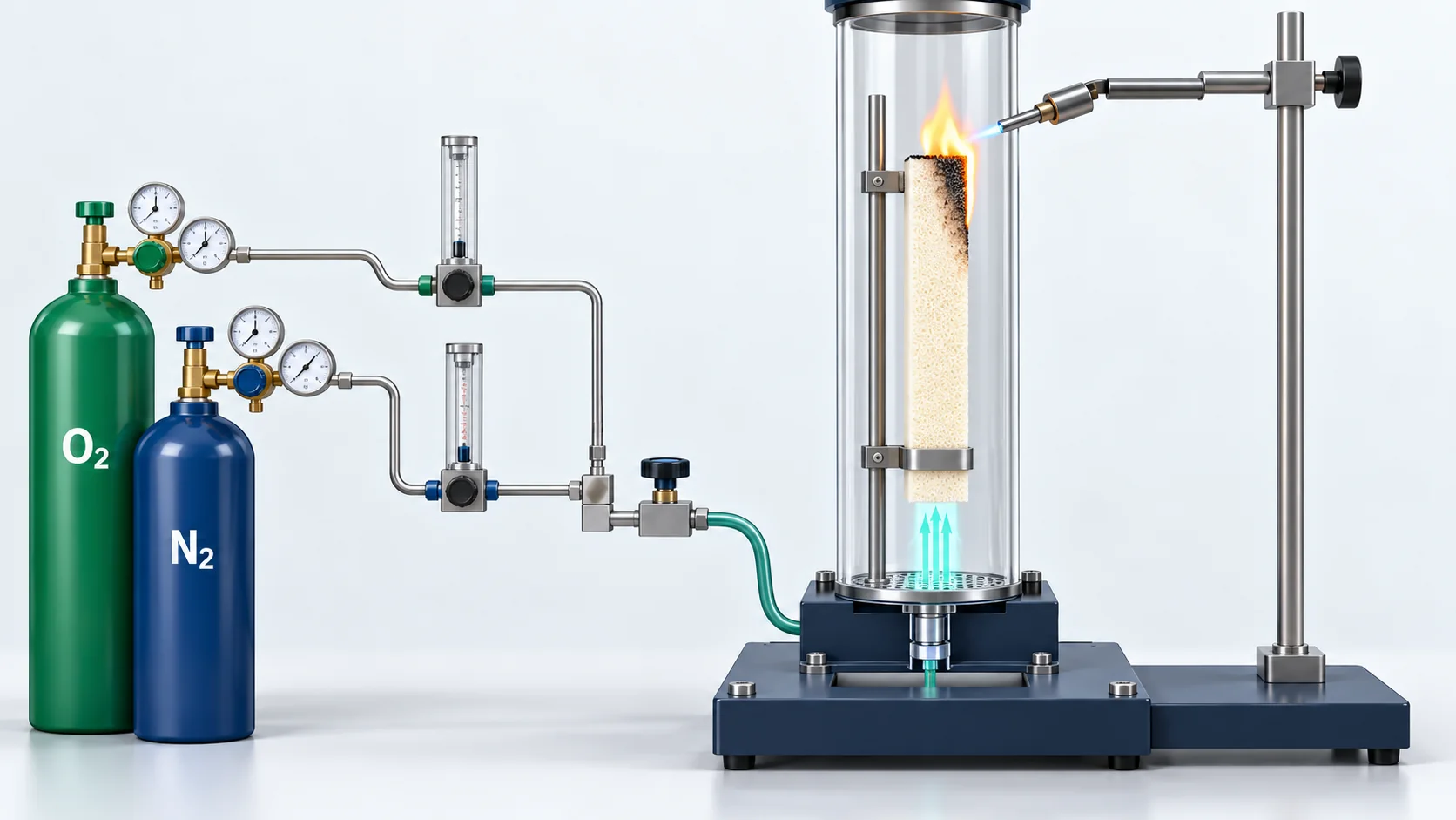 Concept illustration of a limiting-oxygen-index apparatus with controlled oxygen and nitrogen flow around a vertical foam specimen