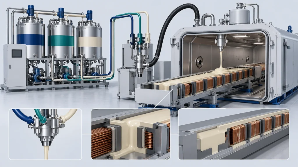 Concept of maglev stator PU encapsulation with three-component metering and a vacuum potting chamber