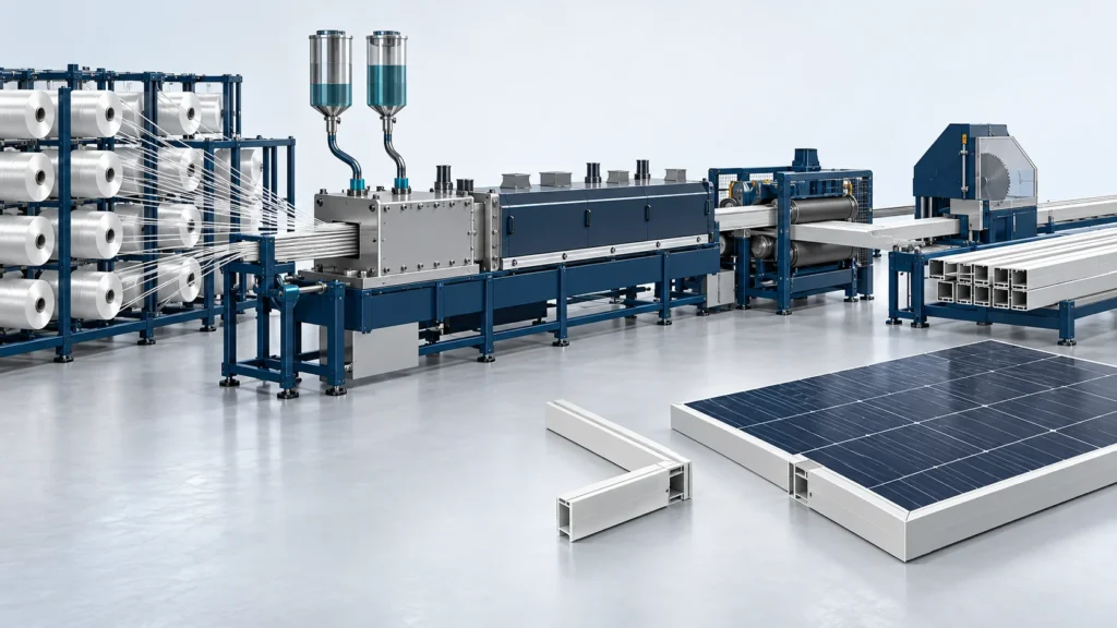 Concept of injection pultrusion for offshore solar composite profiles with downstream frame corner assembly
