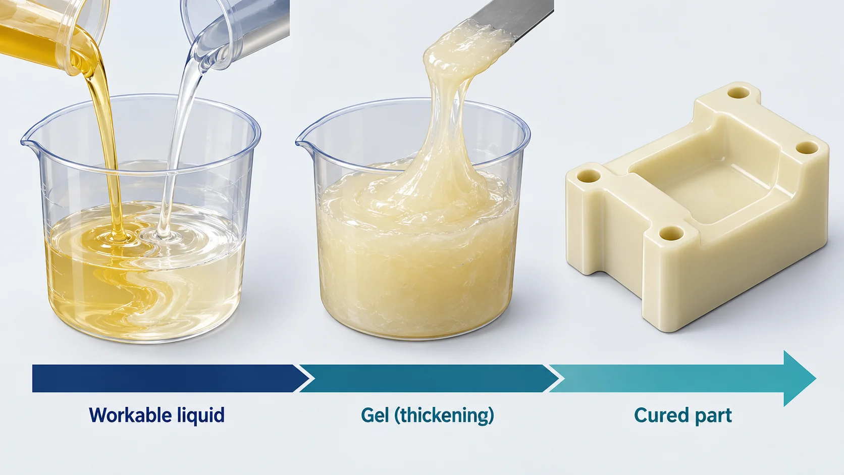 Concept illustration of the processing window, gel development and curing of polyurethane