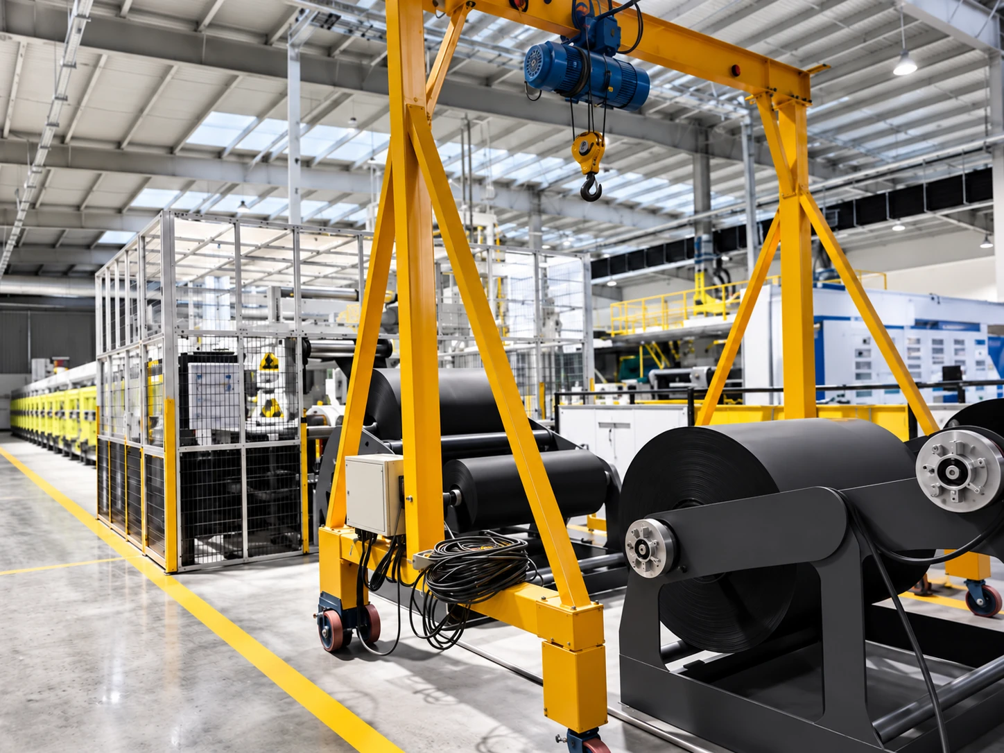 Sandwich panel production equipment illustration: coil handling gantry alternate view