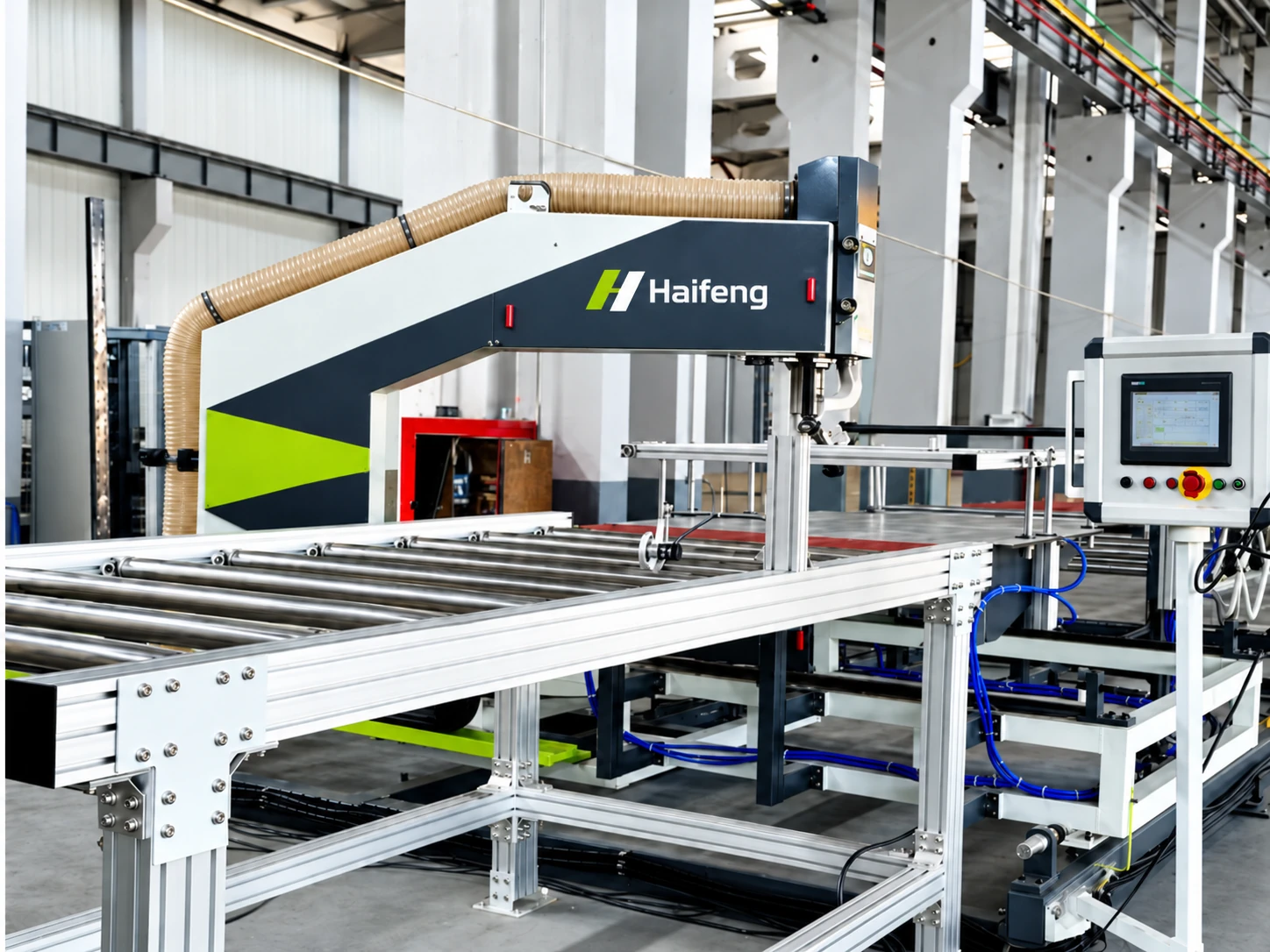 Sandwich panel production equipment illustration: cutting gantry and conveyor