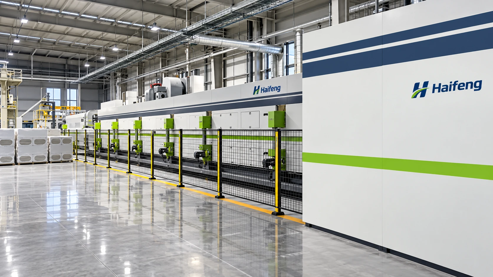 Sandwich panel production equipment illustration: enclosed production section side view