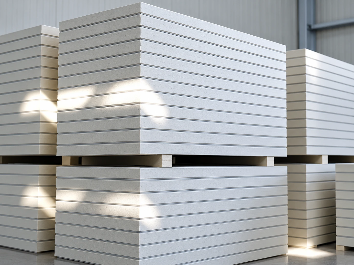 Sandwich panel production equipment illustration: finished white panel stacks