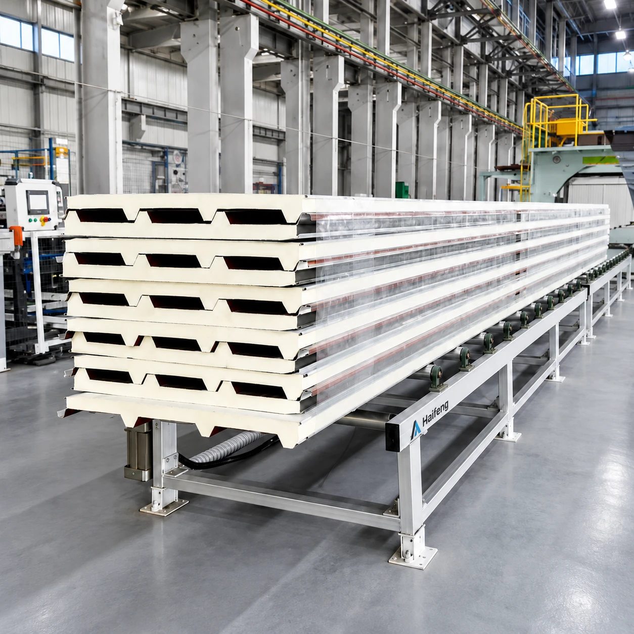 Sandwich panel production equipment illustration: profiled panel stack