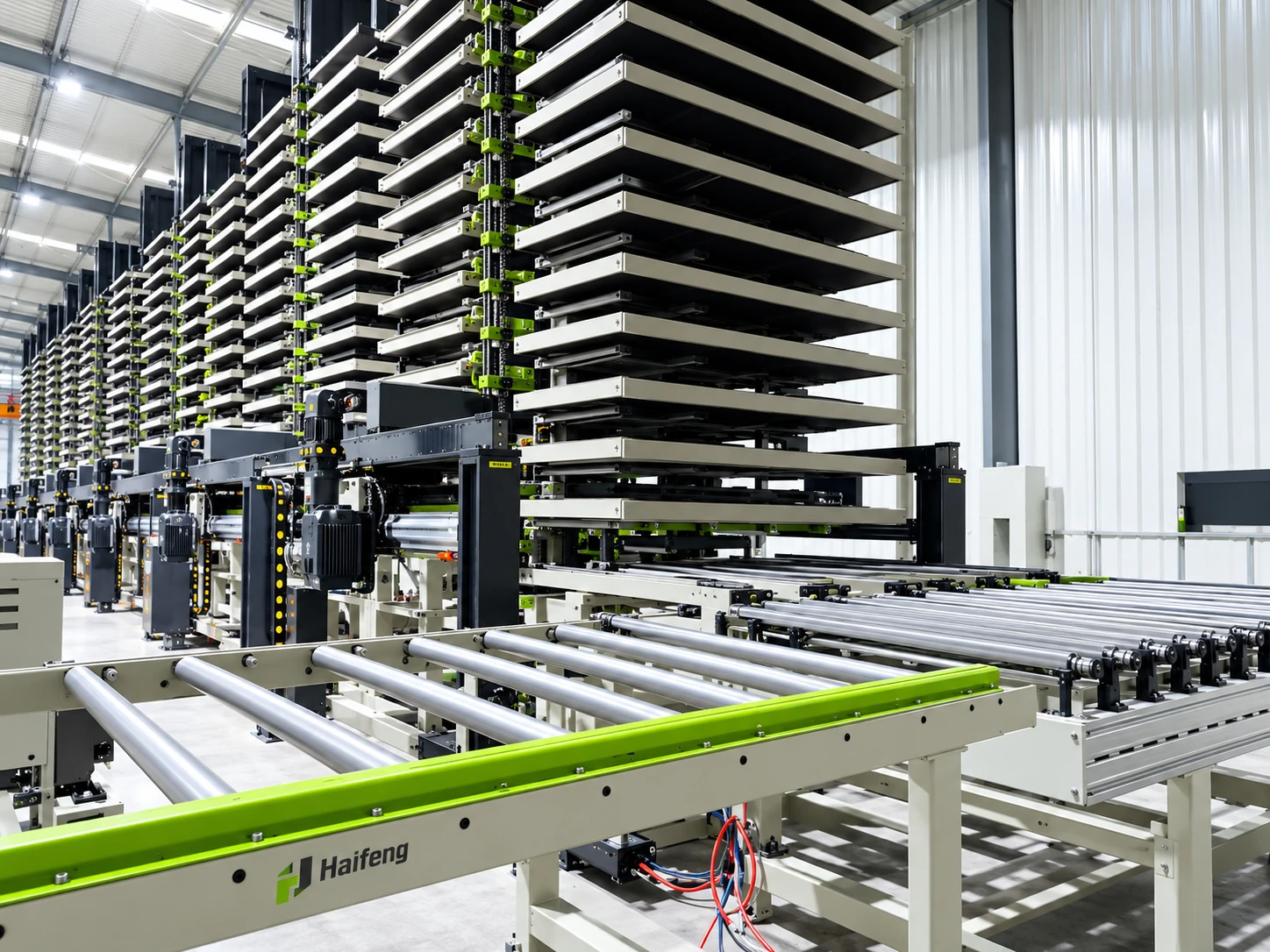 Sandwich panel production equipment illustration: vertical panel racks and conveyor