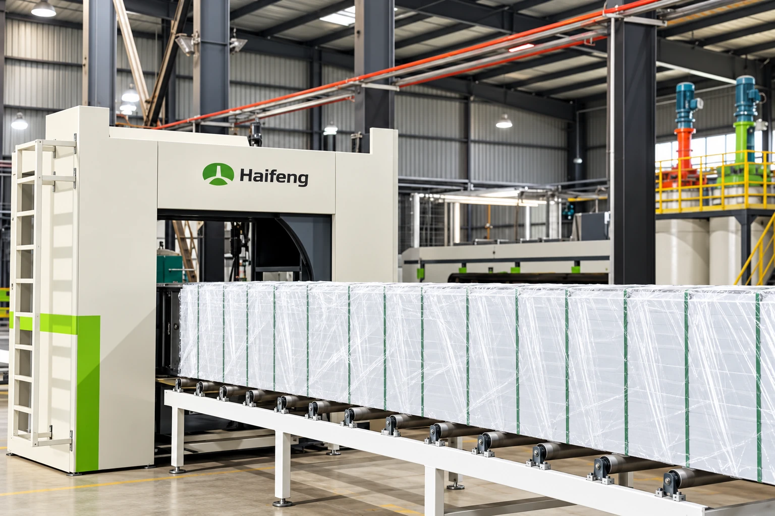 Sandwich panel production equipment illustration: wrapped panel bundle conveyor
